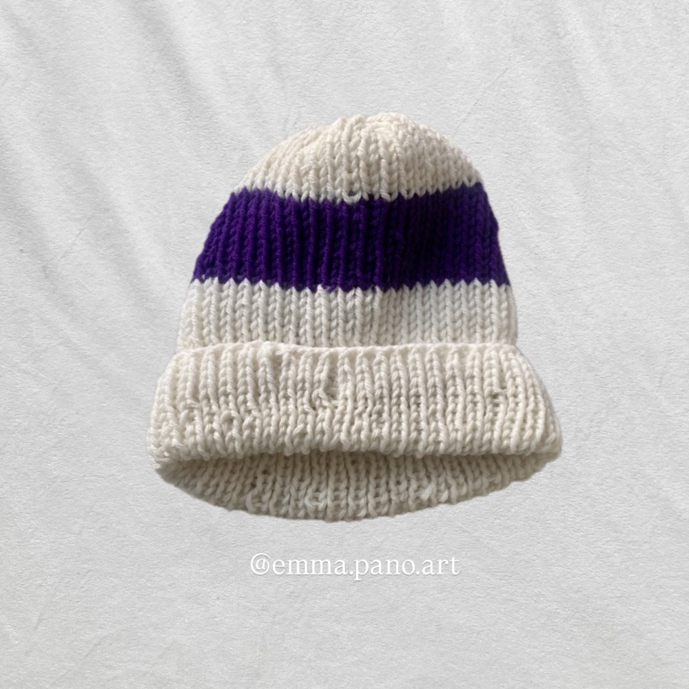purple and cream ribbed striped knit beanie hat